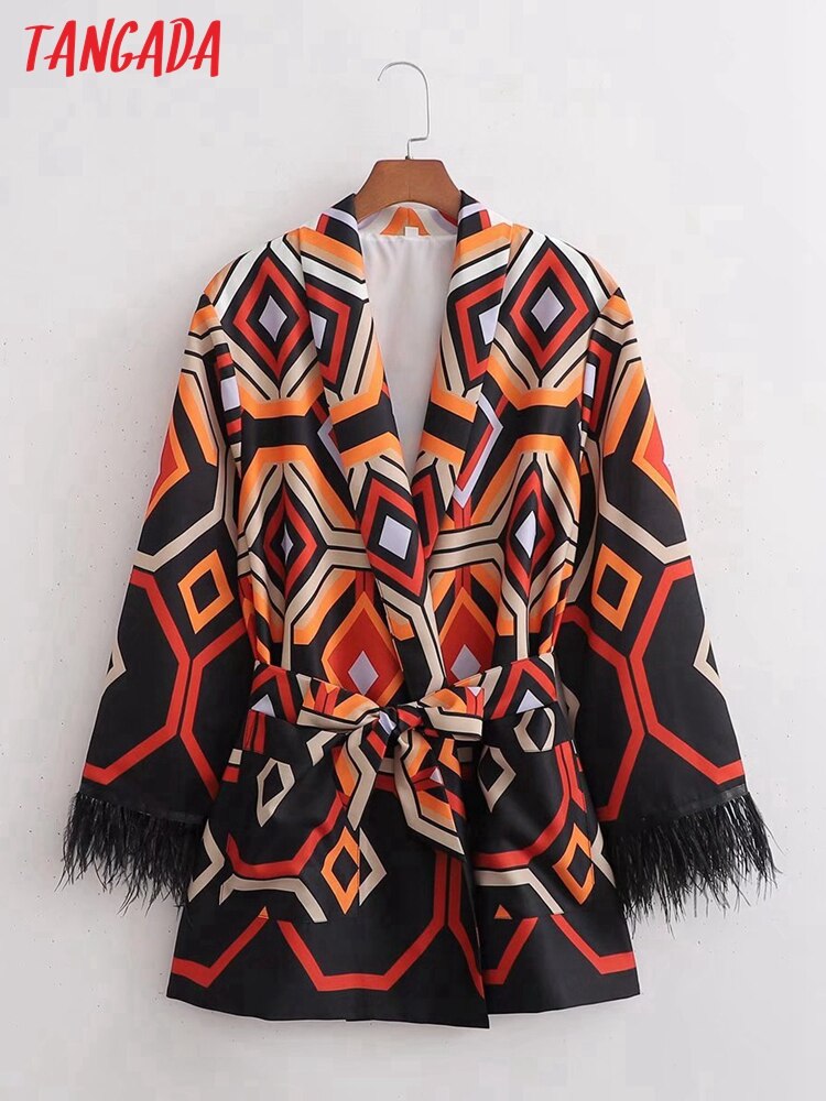 Tangada Women Geometry Feather Blazer Coat Vintage Notched Collar Pocket 2022 Fashion Female Casual Chic Tops 1D26